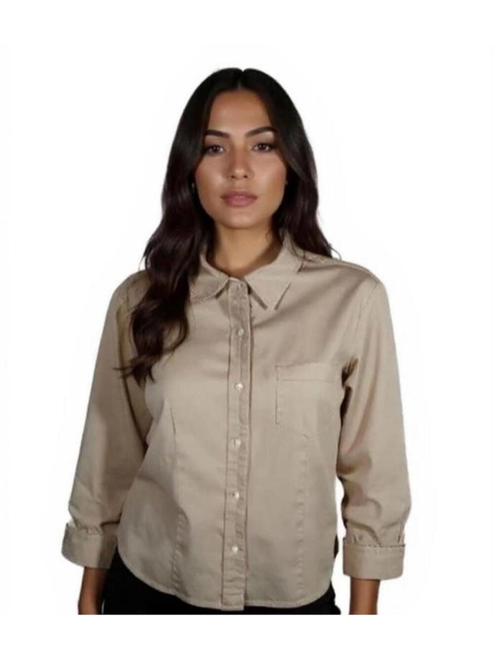 Talbots Top Blouse Stretch Button 3/4  Petites Small Tan Cotton Spandex Work